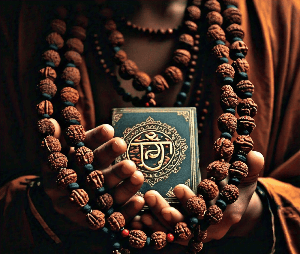 A visual representation of different spiritual practices involving Rudraksha and mantras, promoting a harmonious environment